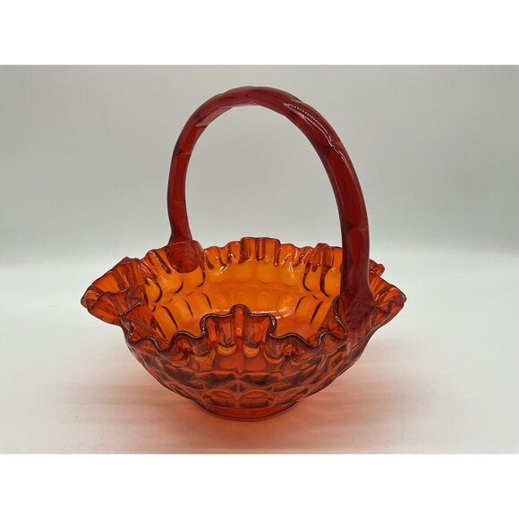 Fenton VTG Red Orange Amberina Thumbprint Glass Basket Ruffled Edge Grandmacore - Picture 5 of 16